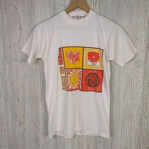 Vintage Brownie Girl Scouts Womens T Shirt White Orange Sun Flower Heart Small